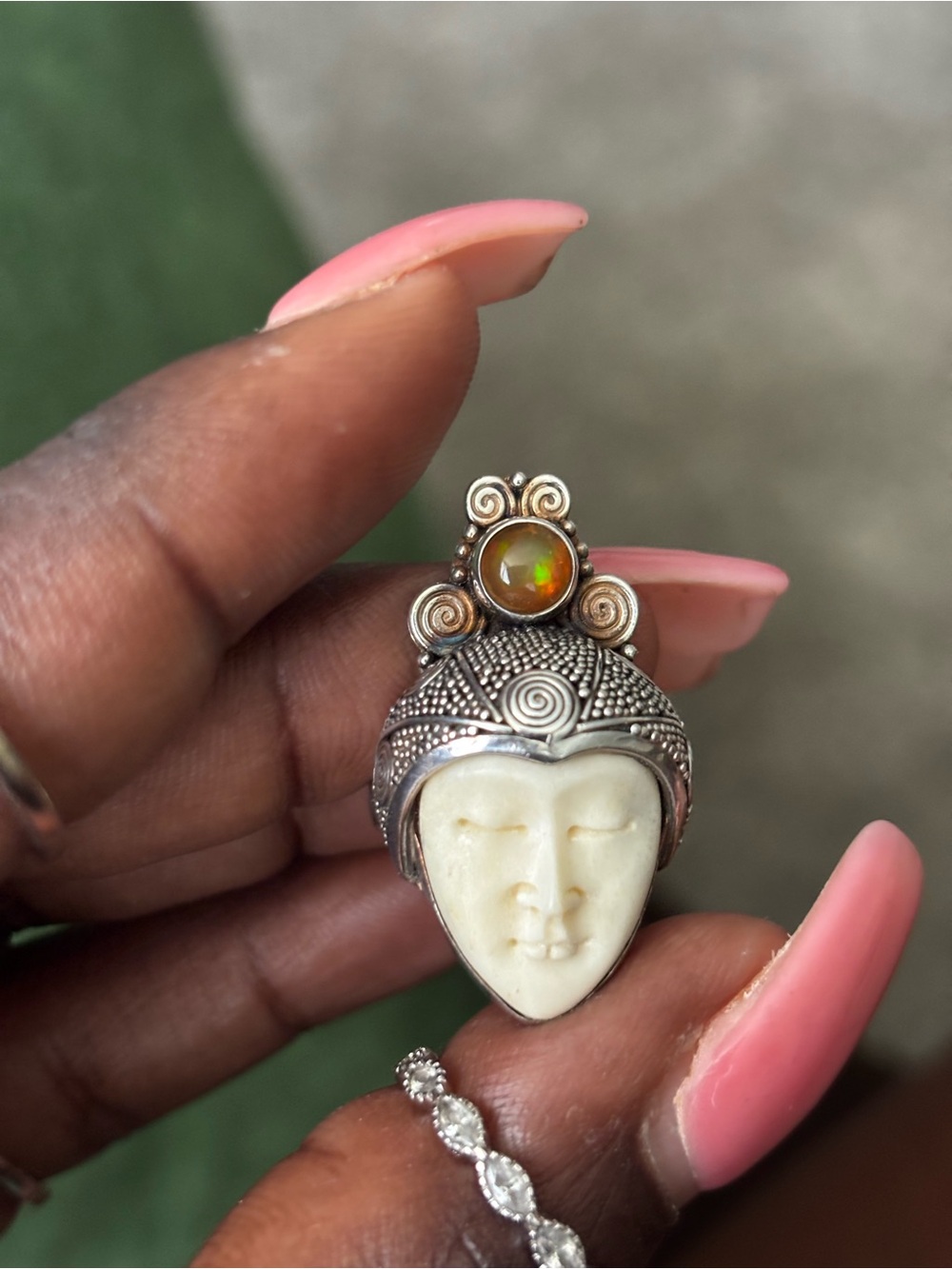 Handcrafted Sterling Silver Face Pendant with Opal Accent - Cream and Gold Tones
